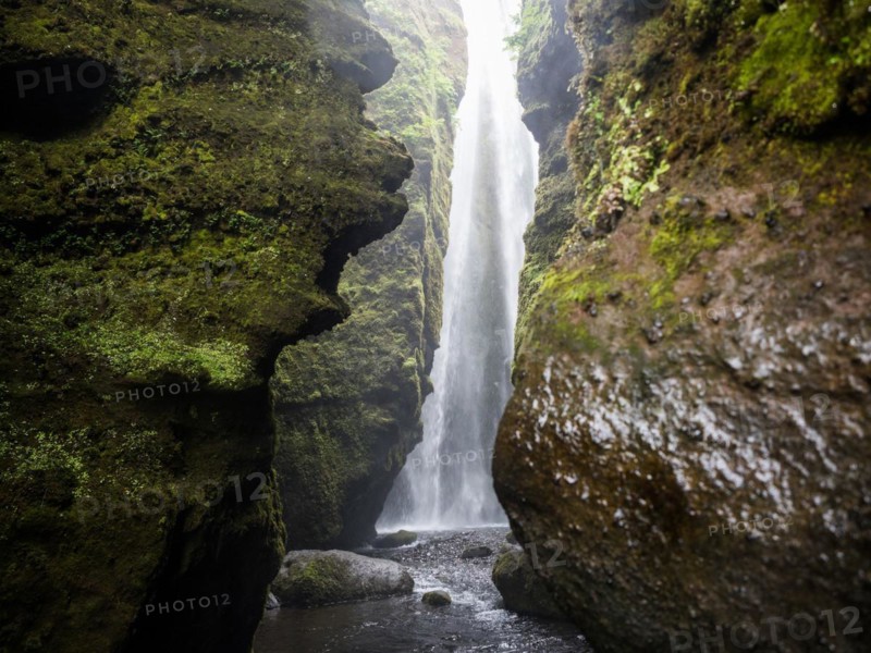 Gljufrabui waterfall in a gorge, near Hamragardar, South Iceland, Iceland, Europe