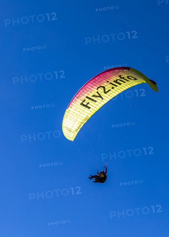 Paragliding tandem flight, Val Gardena, Dolomites, South Tyrol, Italy, Europe