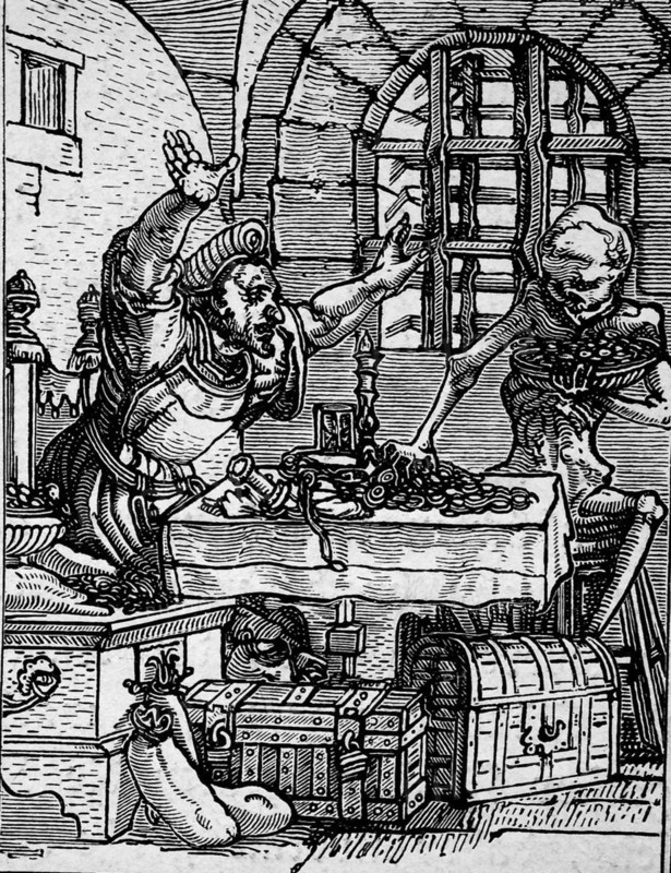 Dance of Death, also called Danse Macabre by Hans Holbein the Younger, Death and the Miser, Historical, digitally restored reproduction from a 19th century original