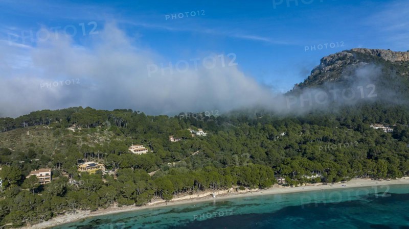 Aerial view of Formentor Peninsula with Formentor Beach, Hotel Royal Hideaway Formentor formerly Hotel Formentor, Cala Pi de la Posada, Illa del Geret Port de Pollenca, Mallorca, Balearic Islands Spain