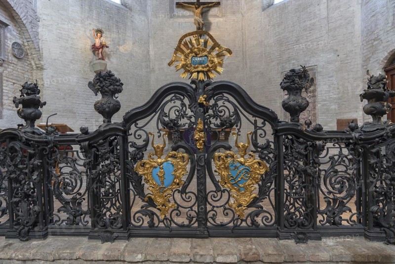 Artfully forged grille in front of the chancel, Barfuesser Kirche, Augsburg, Bavaria, Germany, Europe