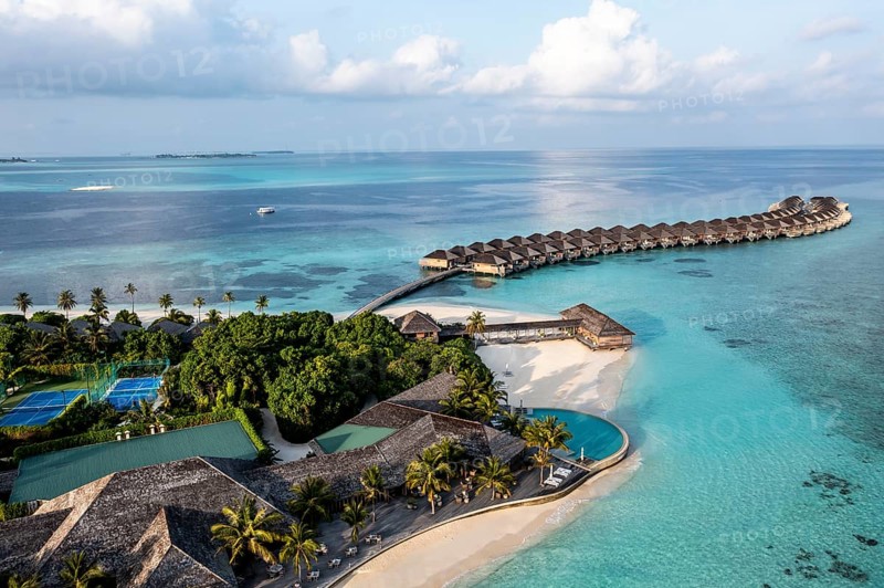 Aerial view, Hurawalhi Island resort with beaches and water bungalows, North Male Atoll, Maldives, Indian Ocean, Asia