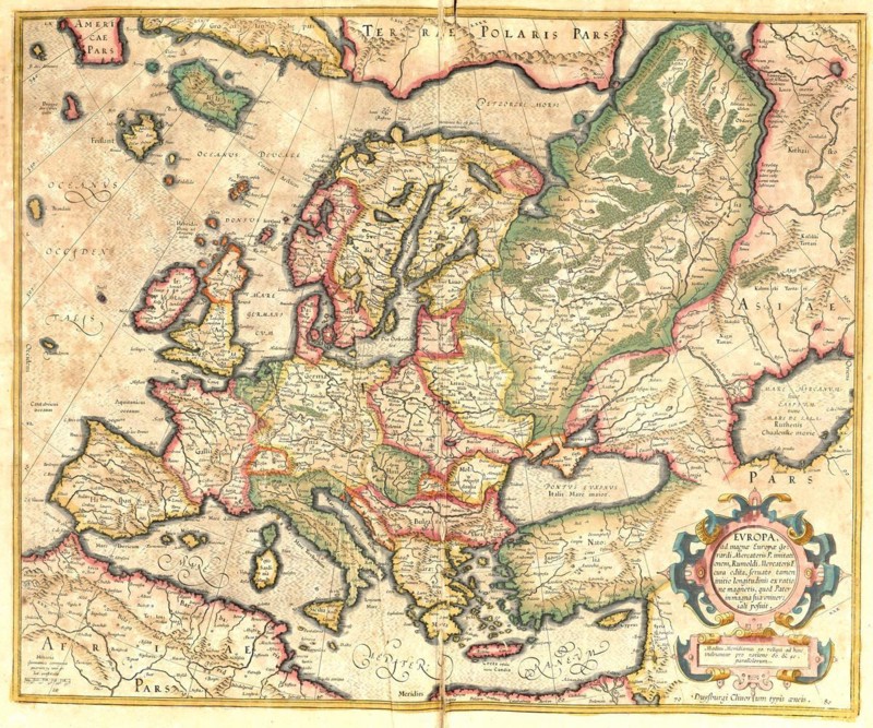 Atlas, map from 1623, Europe, Near East, Russia, Mediterranean, digitally restored reproduction from an engraving by Gerhard Mercator, born as Gheert Cremer, 5 March 1512, 2 December 1594, geographer and cartographer, Europe