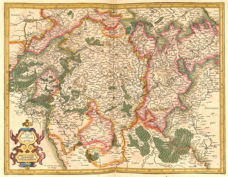 Atlas, map from 1623, Lucemburg and Trier, Germany, digitally restored reproduction from an engraving by Gerhard Mercator, born as Gheert Cremer, 5 March 1512, 2 December 1594, geographer and cartographer, Europe