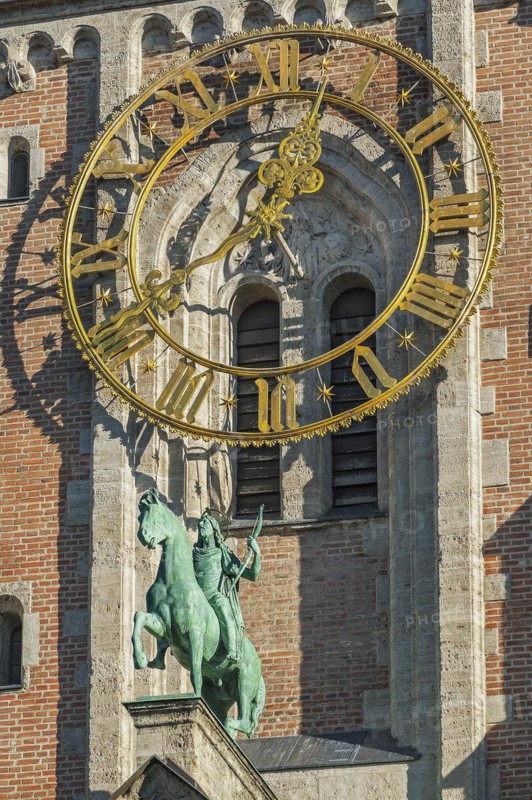 Tower clock and ornamental monument, neo-Romanesque parish church of St. Anne in Lehel, Munich, Bavaria, Germany, Europe