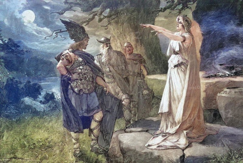 Arminius, c. 17 BC, c. 21 AD, was a prince of the Cherusci, shown here with the seer, fortune-teller, in front of the battle with Germanicus, Historical, digitally restored reproduction of an original from the 19th century, exact date unknown