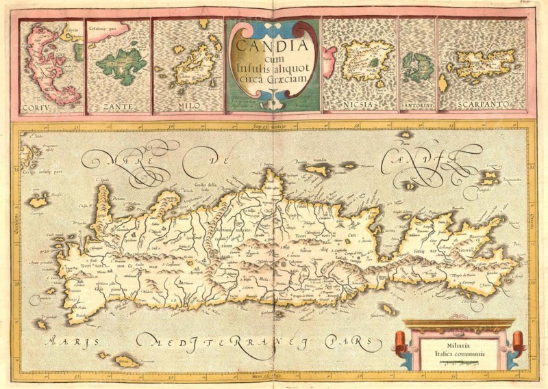 Atlas, map from 1623, Crete, Greece, digitally restored reproduction from an engraving by Gerhard Mercator, born as Gheert Cremer, 5 March 1512, 2 December 1594, geographer and cartographer, Europe