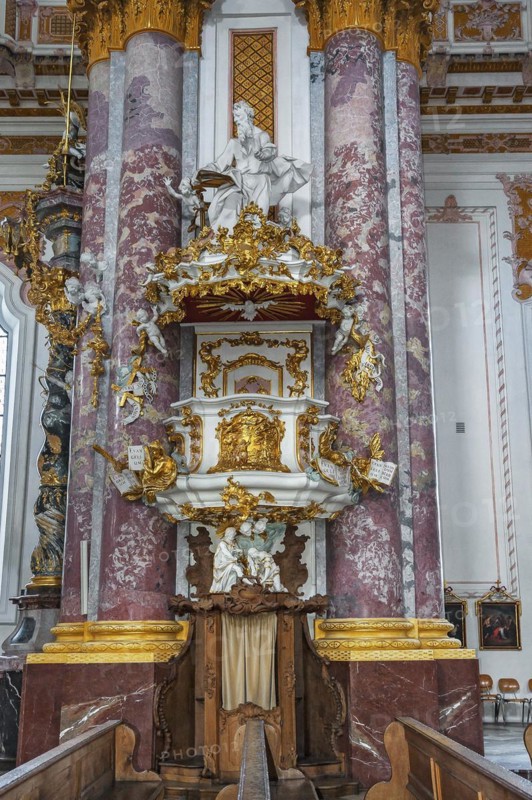 Pulpit in St. Marys Church in Fuerstenfeld Abbey, former Cistercian abbey in Fuerstenfeldbruck, Bavaria, Germany, Europe