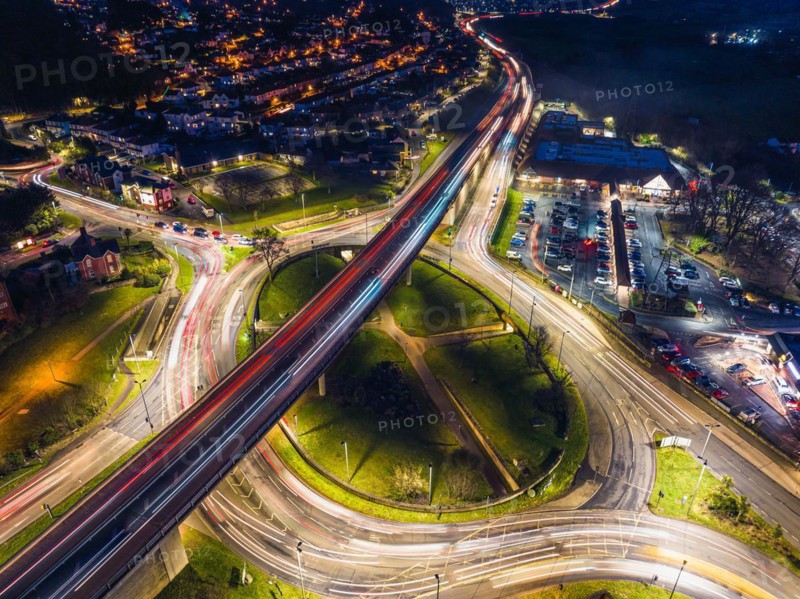 Night Top Down over Penn Inn Flyover and Roundabout from a drone Newton Abbot, Devon, England, United Kingdom, Europe