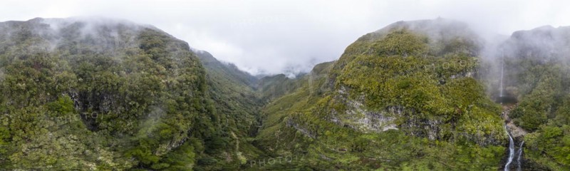 Panorama, aerial view, Lagoa do Vento with Upper Risco waterfall, forest and fog, Rabacal, Madeira, Portugal, Europe