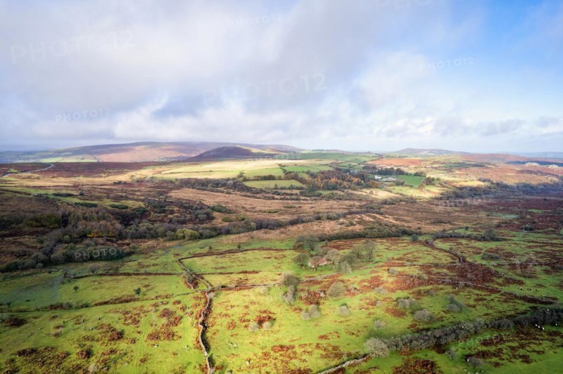 View over Emsworthy Mire from a drone, Haytor Rocks, Dartmoor National Park, Devon, England, UK