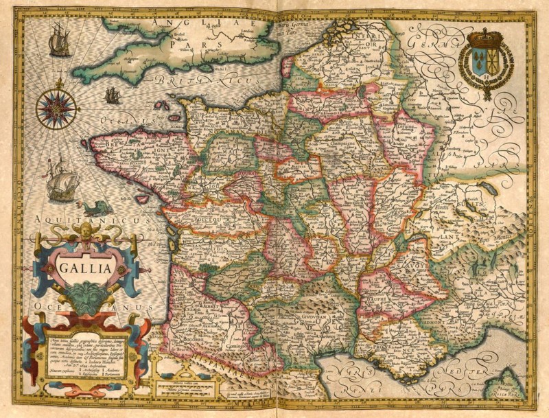 Atlas, map from 1623, Gaul, France, digitally restored reproduction from an engraving by Gerhard Mercator, born as Gheert Cremer, 5 March 1512, 2 December 1594, geographer and cartographer, Europe