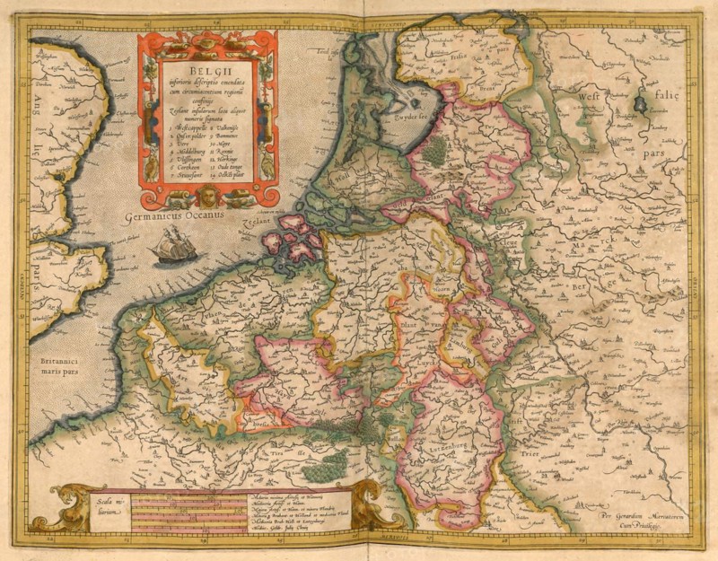 Atlas, map from 1623, Belgium, digitally restored reproduction from an engraving by Gerhard Mercator, born as Gheert Cremer, 5 March 1512, 2 December 1594, geographer and cartographer, Europe