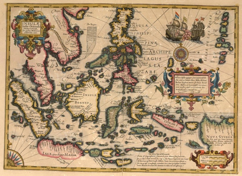 Atlas, map from 1623, Asia, Islands, Java, Borneo, Papua, Philippines, digitally restored reproduction from an engraving by Gerhard Mercator, born as Gheert Cremer, 5 March 1512, 2 December 1594, geographer and cartographer, Asia