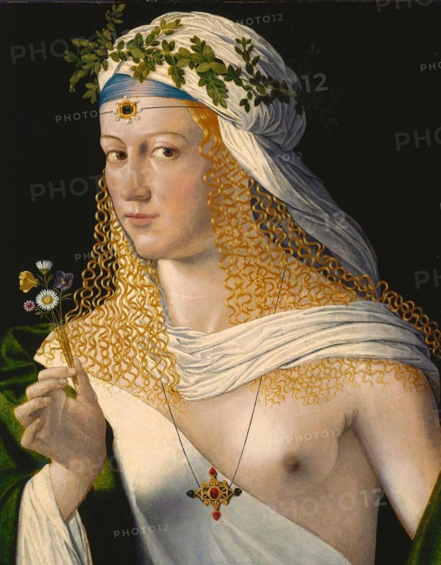 Lucretia, Traditionally considered to be the portrait of Lucretia Borgia, daughter of Pope Alexander VI. It shows an unknown lady in the guise of the ancient spring goddess Flora, painting by Bartolomeo Veneto, also Bartolomeo da Venezia, Historical, digitally restored reproduction of a historical original