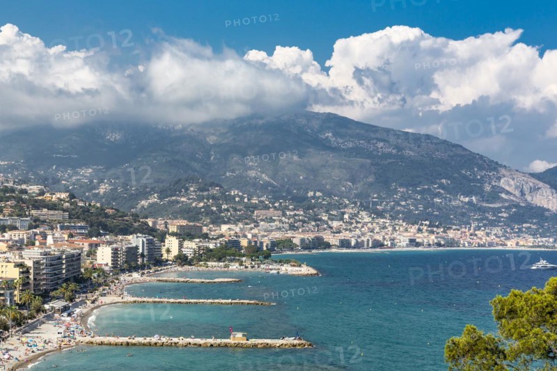 View from Roquebrune Cap Martin on Menton, Cote d Azur, Mediterranean Sea, France, Europe