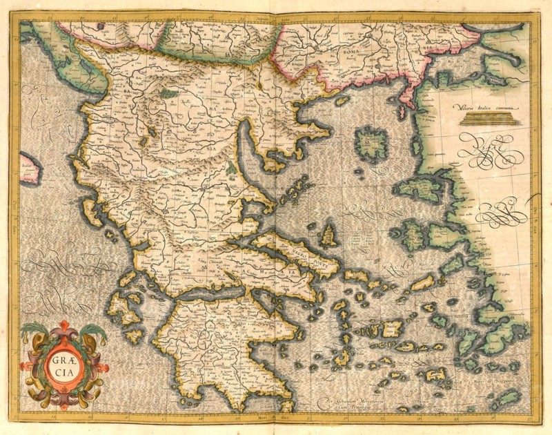 Atlas, map from 1623, Greece, digitally restored reproduction from an engraving by Gerhard Mercator, born as Gheert Cremer, 5 March 1512, 2 December 1594, geographer and cartographer, Europe