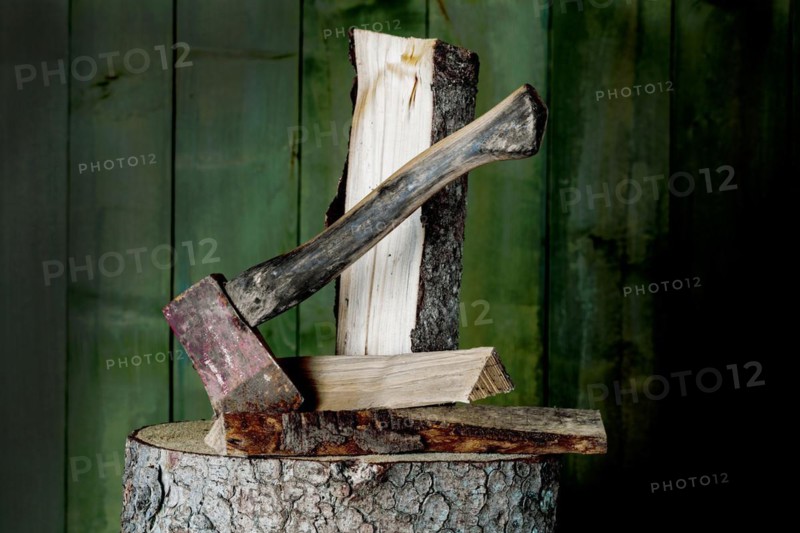 Axe on chopping block with log in front of green wooden wall, studio shot, Germany, Europe
