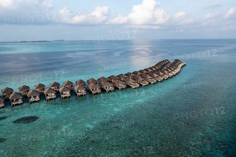 Aerial view, Hurawalhi Island resort with beaches and water bungalows, North Male Atoll, Maldives, Indian Ocean, Asia