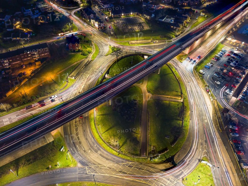 Night Top Down over Penn Inn Flyover and Roundabout from a drone Newton Abbot, Devon, England, United Kingdom, Europe