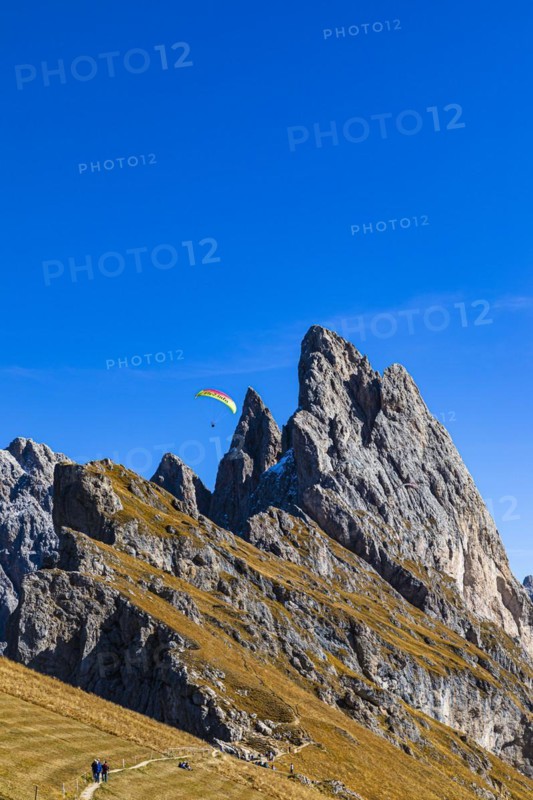 Paragliding flight over the Geisler Group, Val Gardena, Dolomites, South Tyrol, Italy, Europe