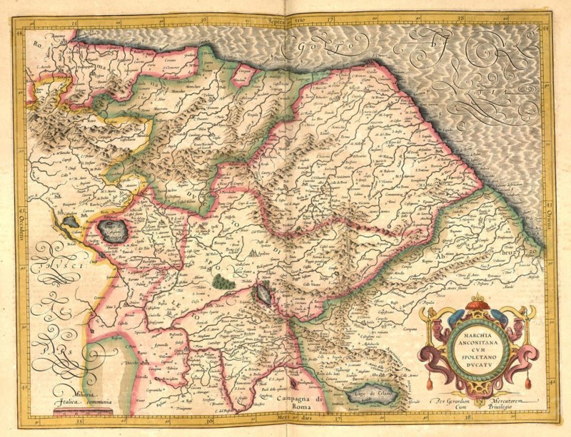 Atlas, map from 1623, Marche, Italy, digitally restored reproduction from an engraving by Gerhard Mercator, born Gheert Cremer, 5 March 1512, 2 December 1594, geographer and cartographer, Europe