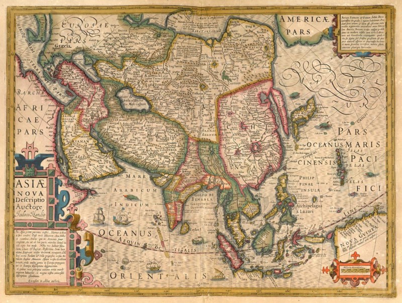 Atlas, map from 1623, Asia, digitally restored reproduction from an engraving by Gerhard Mercator, born as Gheert Cremer, 5 March 1512, 2 December 1594, geographer and cartographer