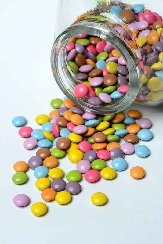 Chocolate lentils with glass container, Smarties