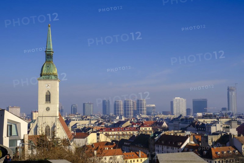 View from the castle of the old town with St. Martins Cathedral, Bratislava, Bratislava, Slovakia, Europe