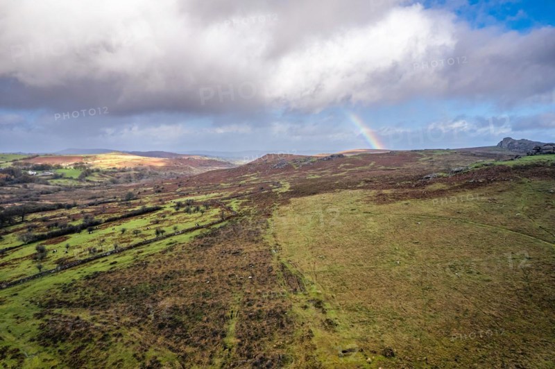 Rainbow over Emsworthy Mire from a drone, Haytor Rocks, Dartmoor National Park, Devon, England, UK