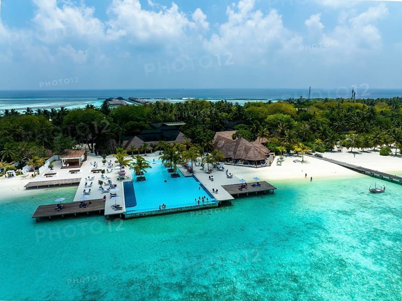 Aerial View, Paradise Island with Water Bungalows, Indian Ocean, Lankanfushi, North Male Atoll, Maldives, Asia
