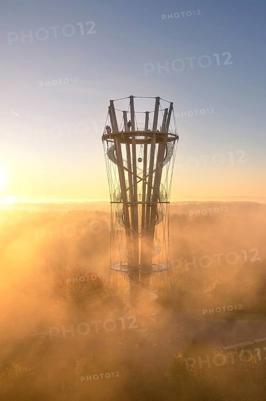 Sunrise in autumn fog, Schoenbuchturm, Herrenberg, Germany, Europe