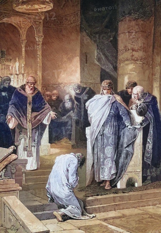 Otto I, Holy Roman Emperor, reconciles with his brother Henry, Historical, digitally restored reproduction of a 19th century original
