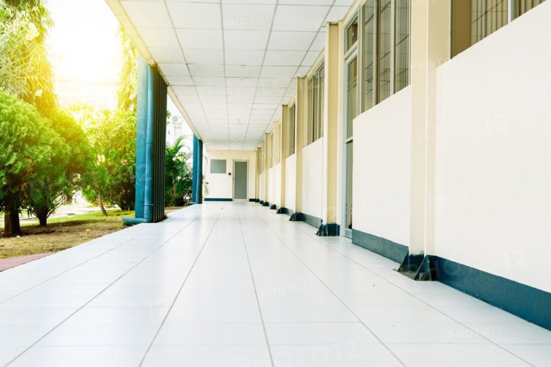 Corridors of a university on a sunny day. View of a corridor of a student institution