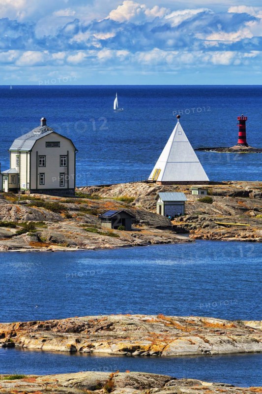 Old pilot station Kobba Klintar with museum and exhibition building in the shape of a pyramid, small island in the archipelago, harbour entrance Mariehamn, Aland Islands, Gulf of Bothnia, Baltic Sea, Finland, Europe
