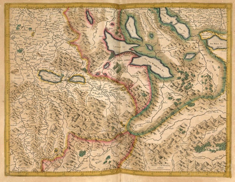 Atlas, map from 1623, Switzerland with Lake Lucerne and Lake Thun, digitally restored reproduction from an engraving by Gerhard Mercator, born as Gheert Cremer, 5 March 1512, 2 December 1594, geographer and cartographer