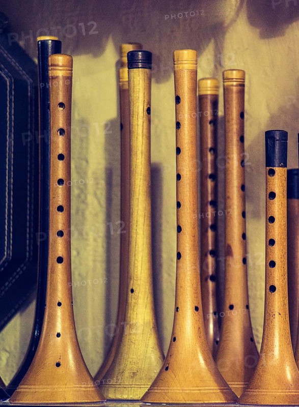 Dozens of handmade wooden flutes or shrill pipe
