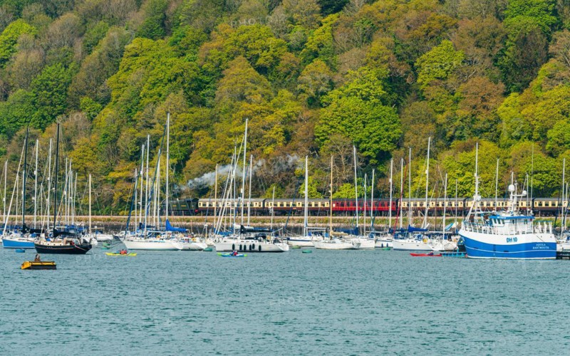 Steam Train and Boats over River Dart, Kingswear from Dartmouth, Devon, England, United Kingdom, Europe