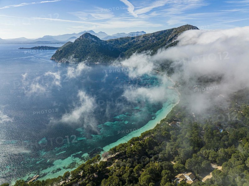 Aerial view, Spain, Balearic Islands, Port de Pollenca, Formentor Peninsula with Formentor Beach, Hotel Royal Hideaway Formentor formerly Hotel Formentor, Cala Pi de la Posada, Illa del Geret, Europe