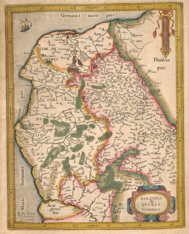 Atlas, map from 1623, Bolonia and Guines, France, digitally restored reproduction from an engraving by Gerhard Mercator, born Gheert Cremer, 5 March 1512, 2 December 1594, geographer and cartographer, Europe