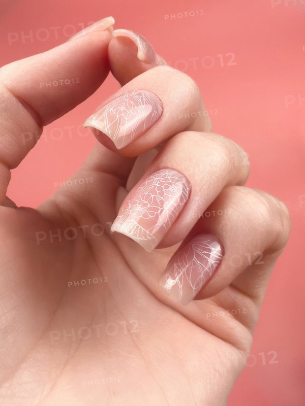Gentle neat manicure on female hands on a background of dry flowers. Nail design
