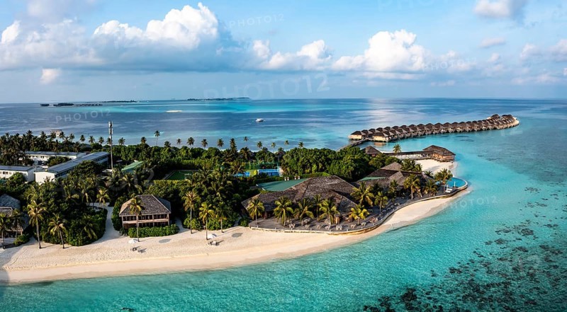 Aerial view, Hurawalhi Island resort with beaches and water bungalows, North Male Atoll, Maldives, Indian Ocean, Asia