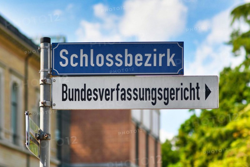 Sign pointing towards Federal Constitutional Court in Germany called Bundesverfassungsgericht in Karlsruhe, Germany, Europe