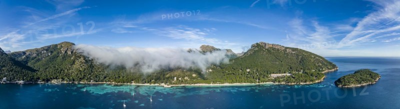 Aerial view, Spain, Balearic Islands, Port de Pollenca, Formentor Peninsula with Formentor Beach, Hotel Royal Hideaway Formentor formerly Hotel Formentor, Cala Pi de la Posada, Illa del Geret, Europe
