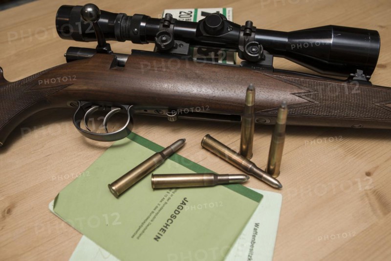Decorated hunting weapons with ammunition, hunting license and gun ownership card and, Hesse, Germany, Europe