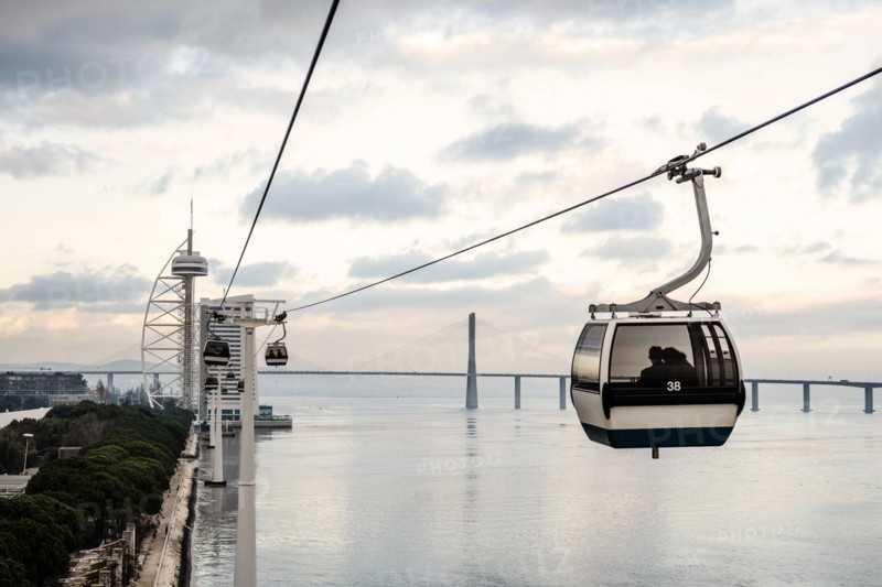 Cable car called Telecabine along Tagus River in Lisbon, the capital city of Portugal