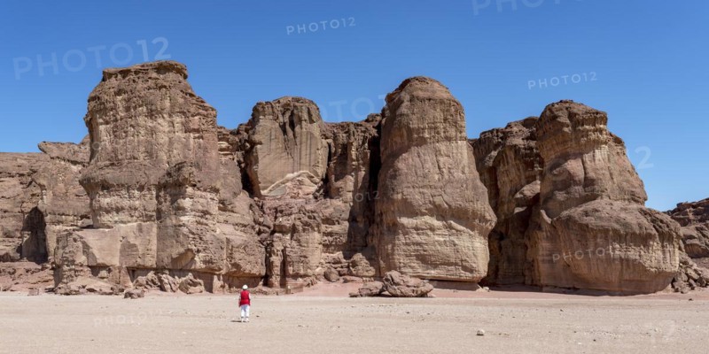 Tourist looking at the rock towers Solomons Pillars, Timna National Park, Negev, Israel, Asia
