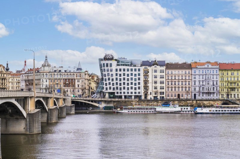 View of the Dancing House iand otrher colorful buildings located in Prague, Czech Republic, Europe