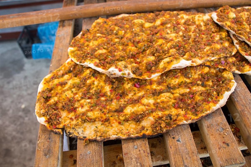 Lahmacun, Turkish pizza pancake with spicy meat filling
