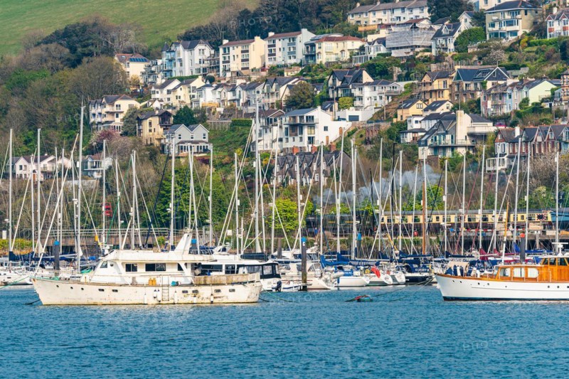 Steam Train and Boats over River Dart, Kingswear from Dartmouth, Devon, England, United Kingdom, Europe